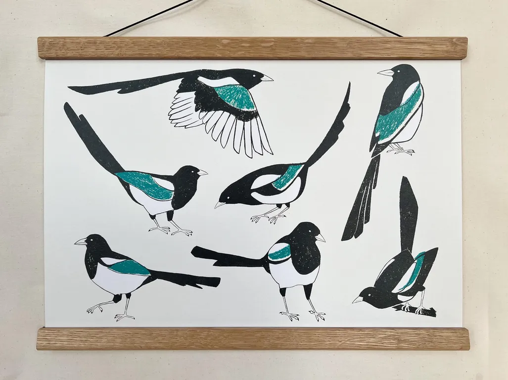 Magpies Folklore Illustration A3 Print